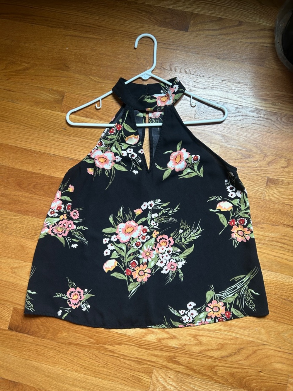 Leith Black Floral Halter Camisole with Pink and Green Print